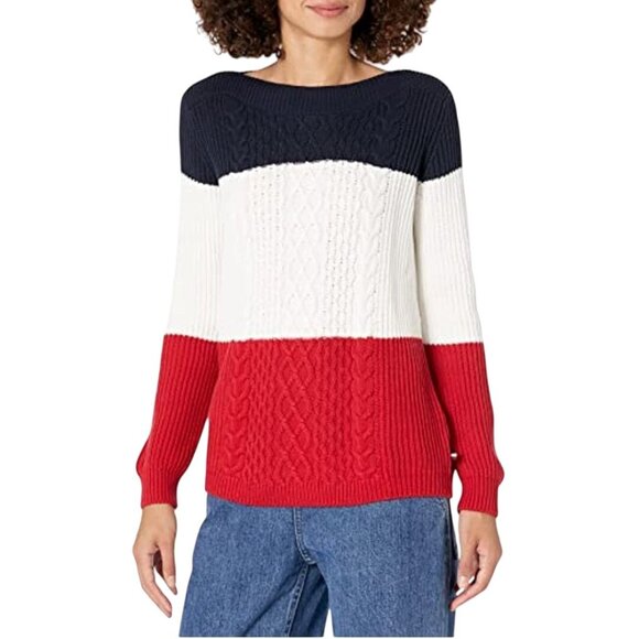 Tommy Hilfiger Patriotic Red White Blue CableKnit Crewneck Sweater Size M - Picture 1 of 6